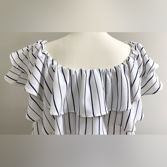 She + Sky Womens L White Blue Stripe Ruffle Flowy Crop Top Boho Y2K Maximalist - Picture 6 of 14